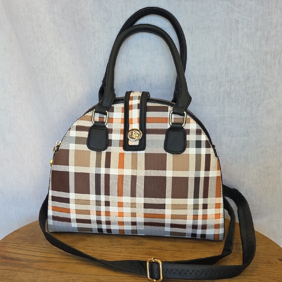 Handbags - Stylish Plaid Handbag - Black, Brown, and Orange